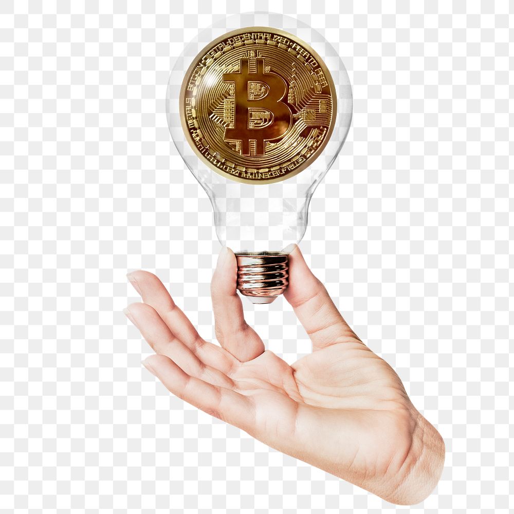 Gold bitcoin png sticker, hand holding light bulb in cryptocurrency, finance concept, transparent background