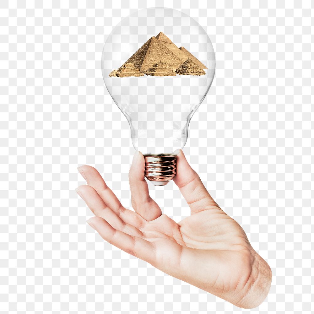 Egyptian pyramid png sticker, hand holding light bulb in ancient travel landmark concept, transparent background