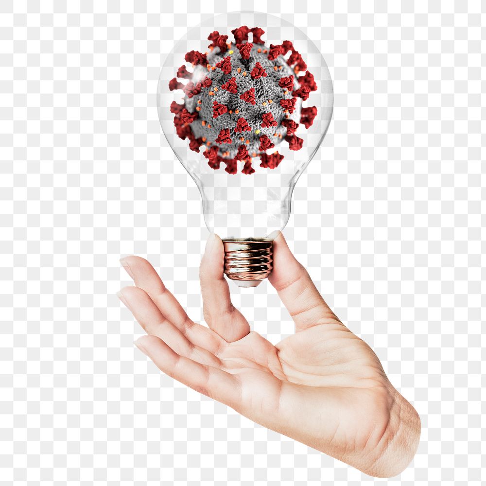 COVID-19 ultrastructure png sticker, hand holding light bulb in health and wellness concept, transparent background