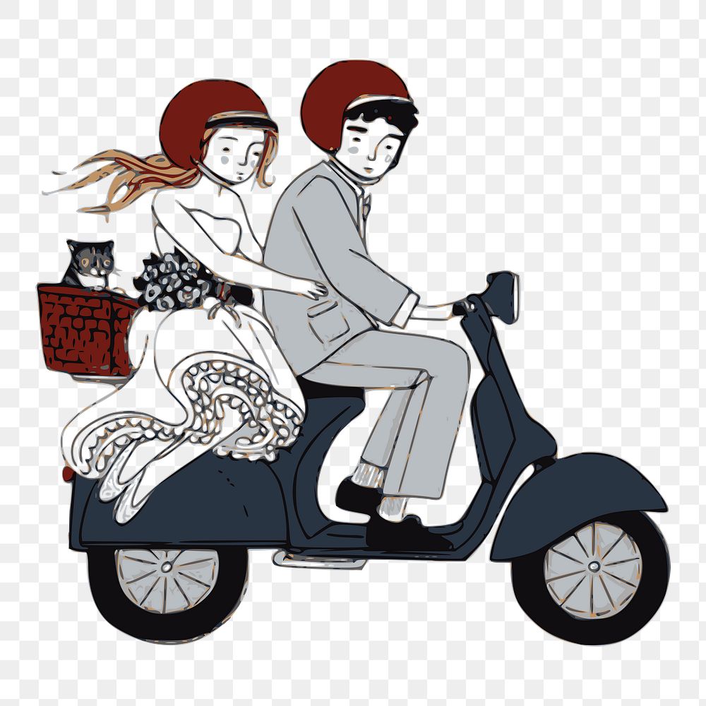 Newlywed png riding scooter sticker, transportation illustration on transparent background. Free public domain CC0 image.