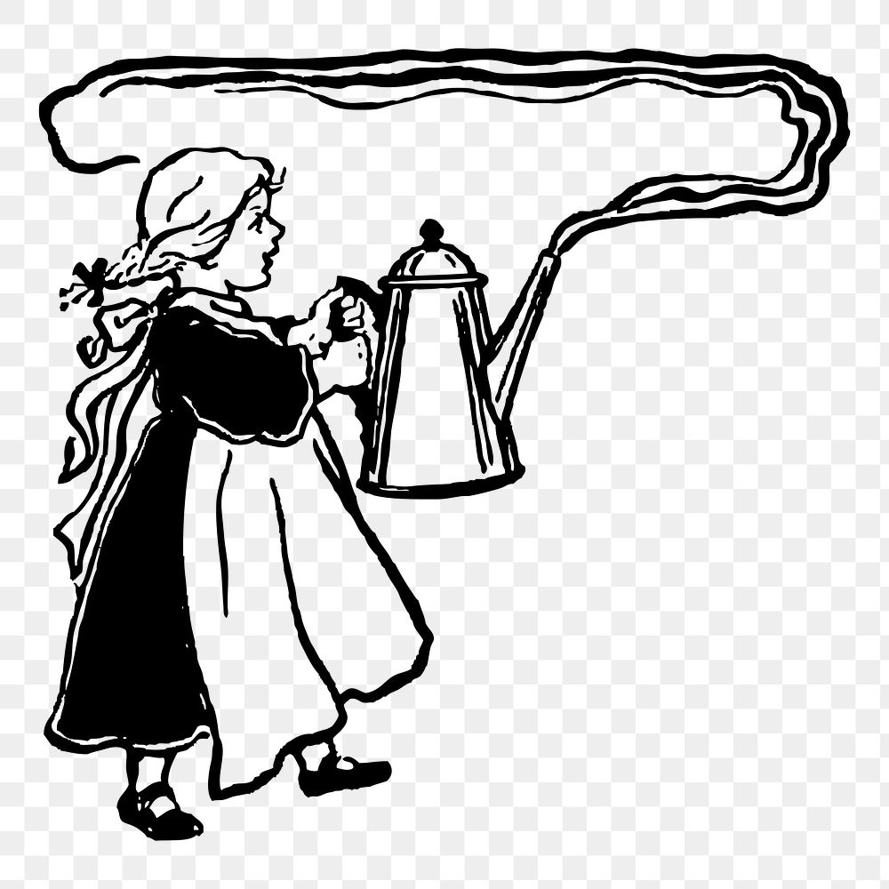 Girl carrying kettle png sticker, vintage illustration on transparent background. Free public domain CC0 image.