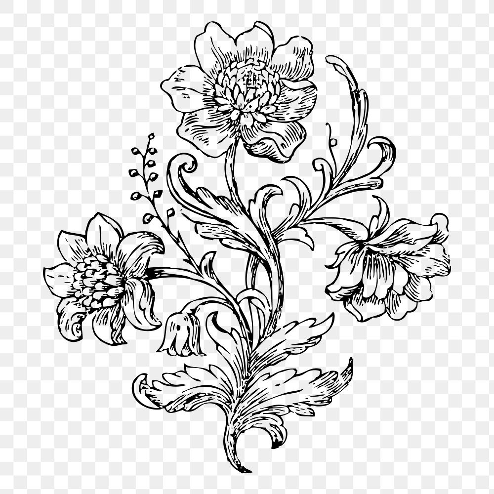 Ornamental flower png sticker, vintage botanical illustration on transparent background. Free public domain CC0 image.