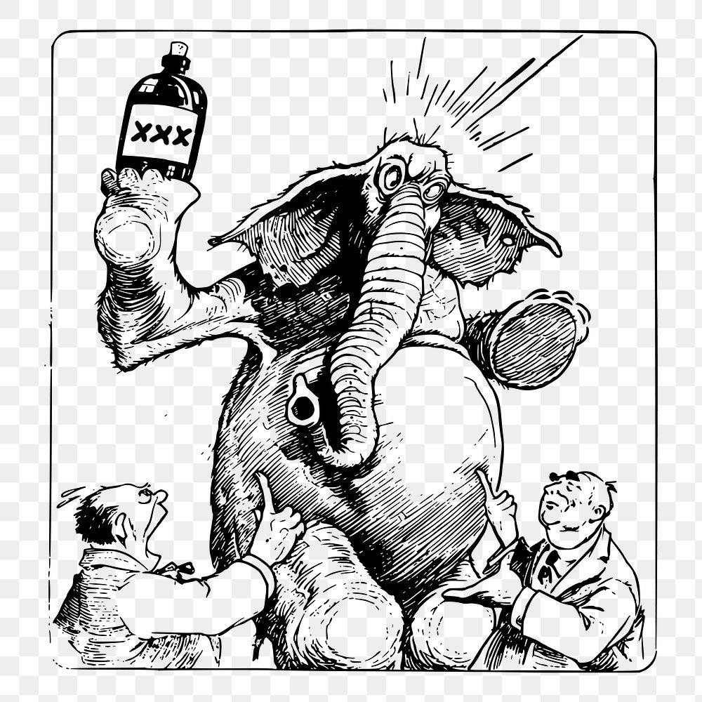 Intoxicated elephant png sticker, vintage animal illustration on transparent background. Free public domain CC0 image.
