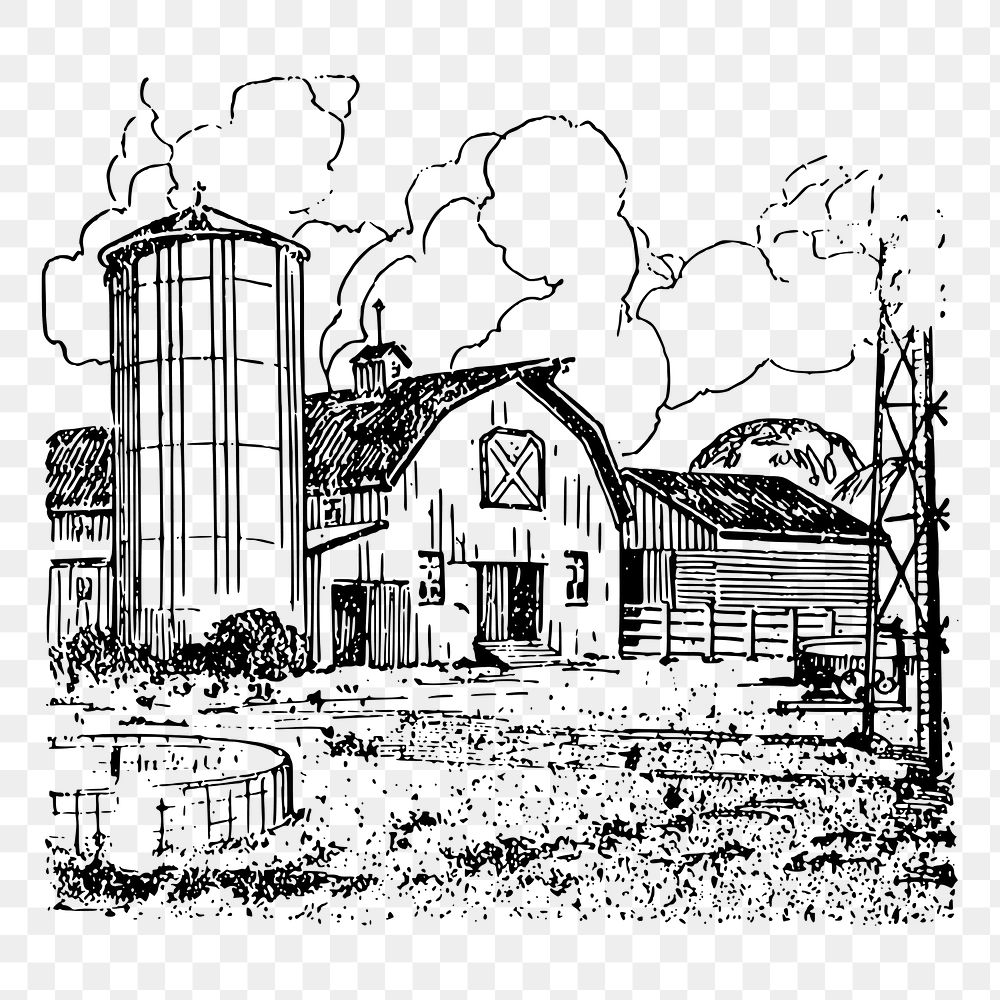 Farm, barn png sticker, vintage architecture illustration on transparent background. Free public domain CC0 image.