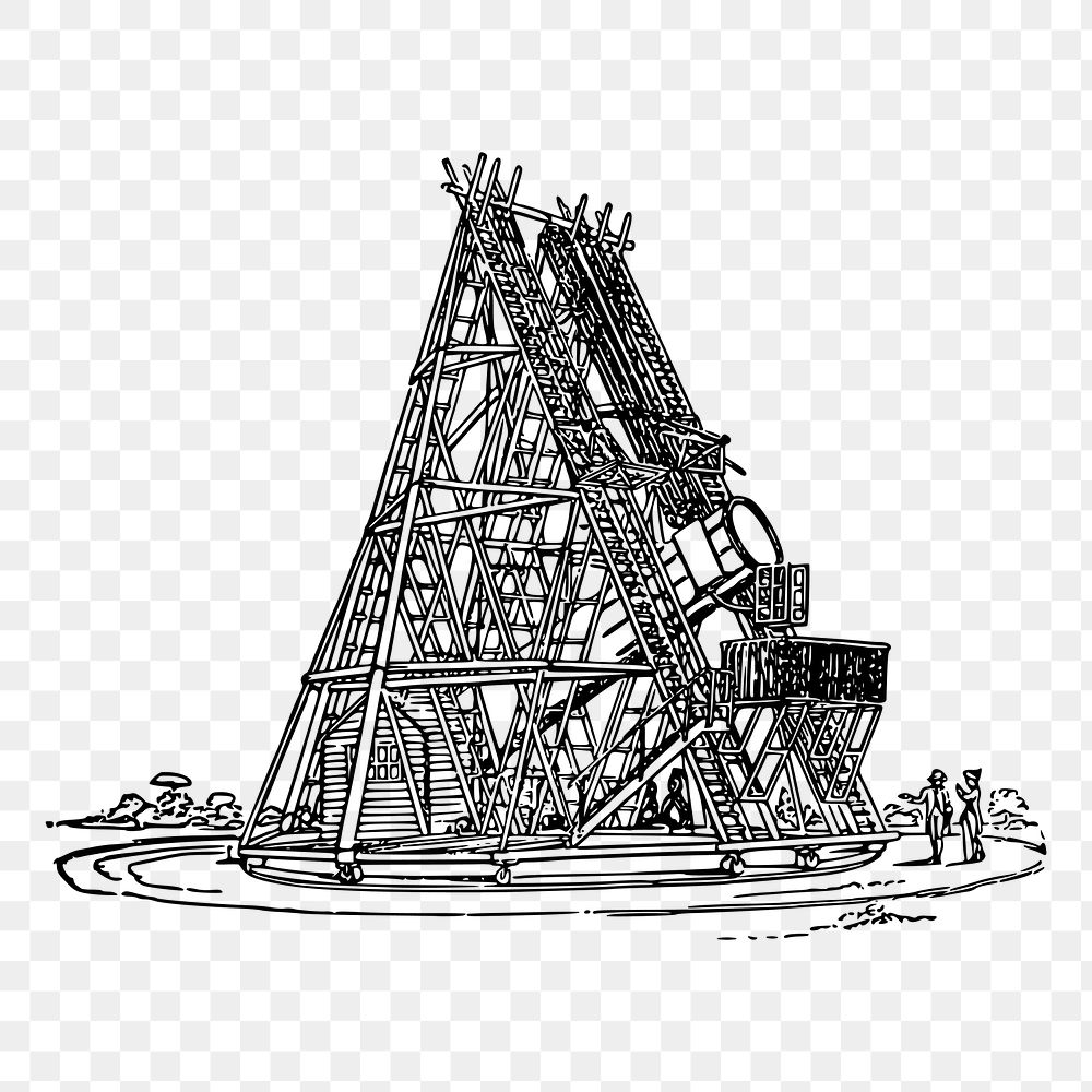 40-foot telescope png sticker, vintage architecture illustration on transparent background. Free public domain CC0 image.