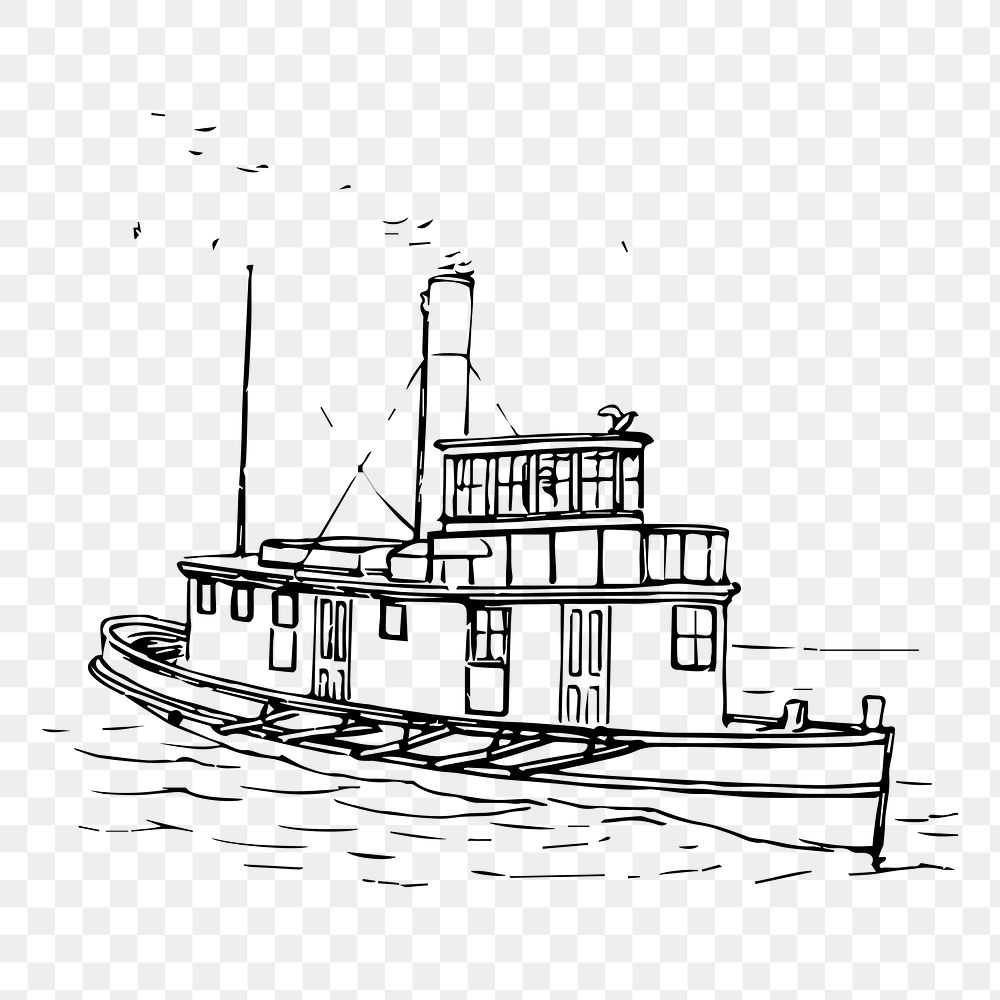 Tugboat png sticker black and white illustration, transparent background. Free public domain CC0 image.