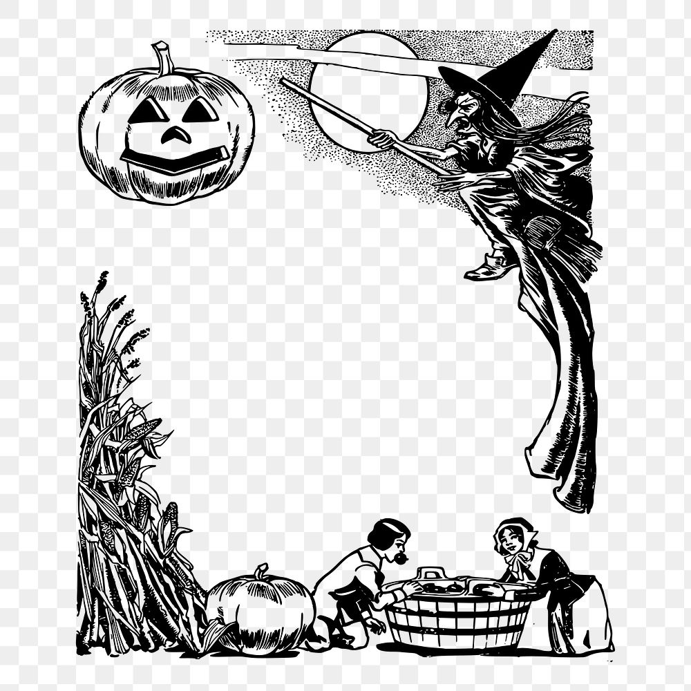 Halloween frame png sticker black and white illustration, transparent background. Free public domain CC0 image.