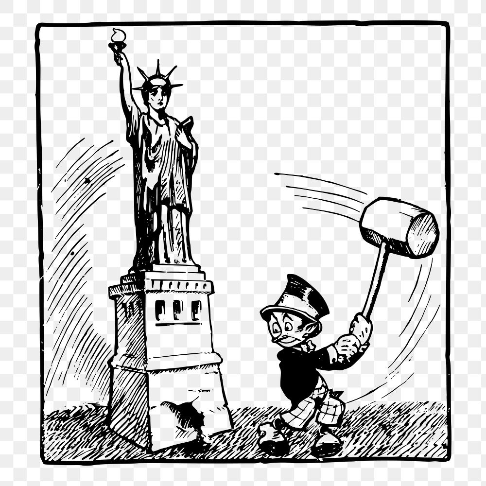 PNG breaking the statue of liberty sticker USA political satire cartoon illustration, transparent background. Free public…
