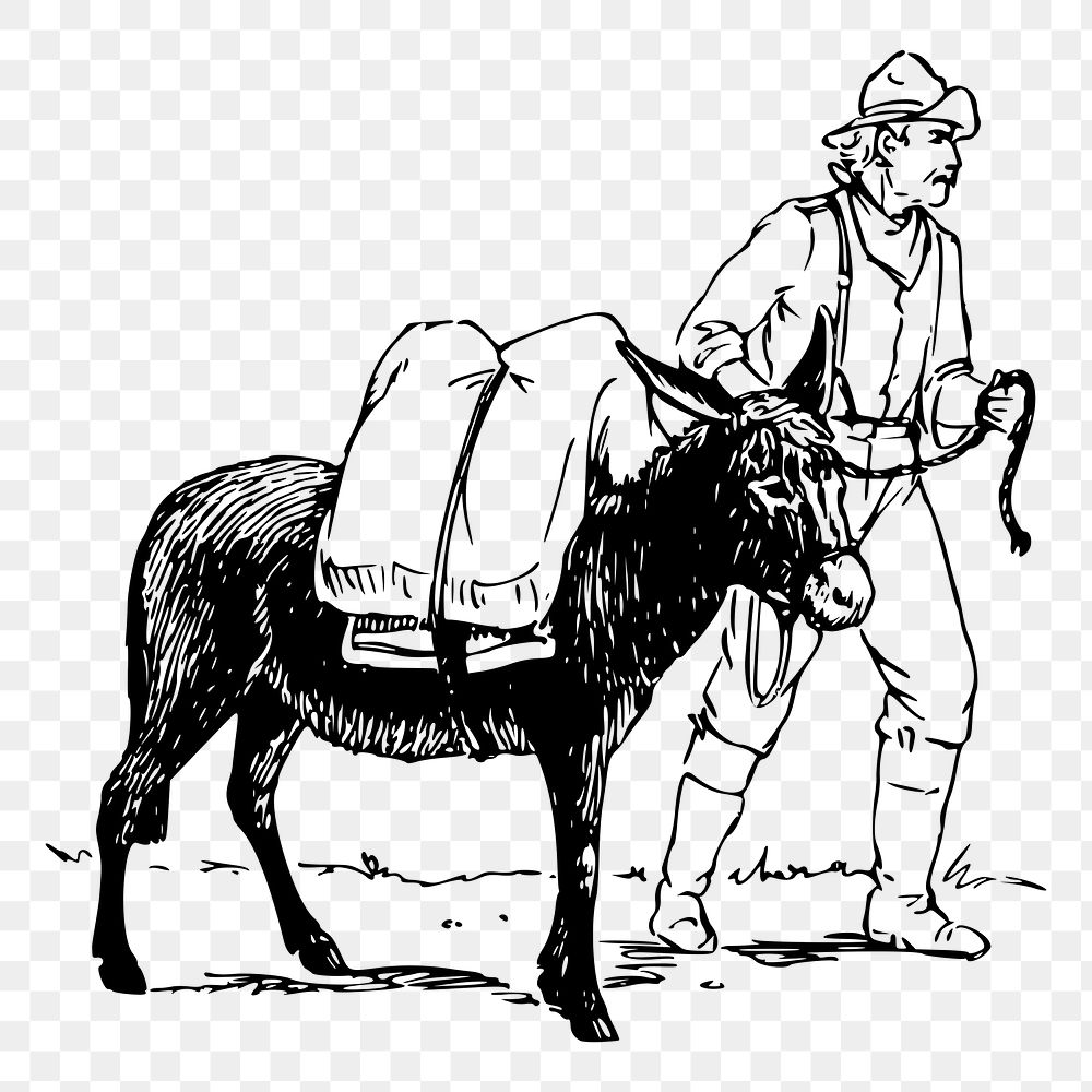 Png man and donkey sticker illustration, transparent background. Free public domain CC0 image.