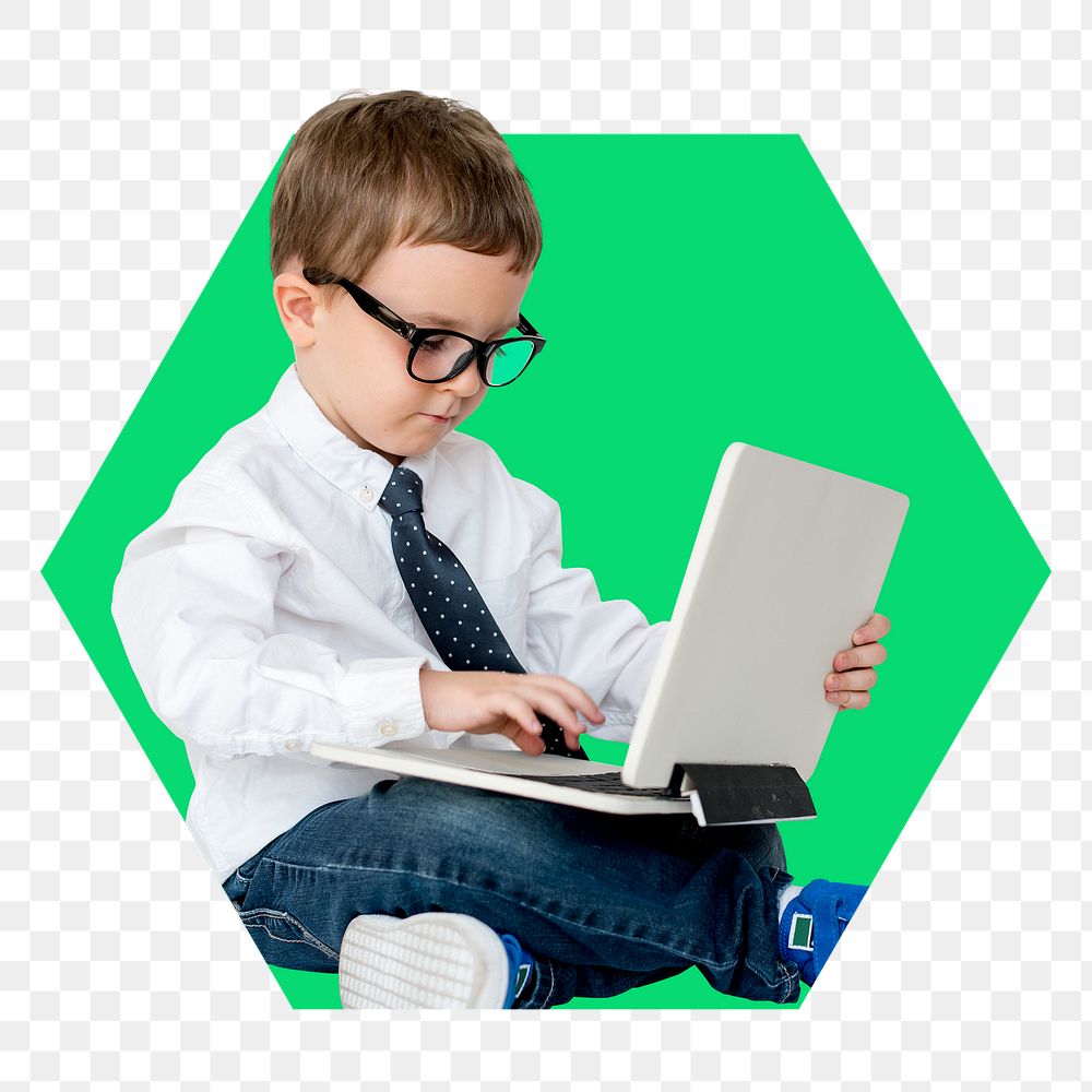 Png kid using laptop badge sticker, technology photo in hexagon badge, transparent background