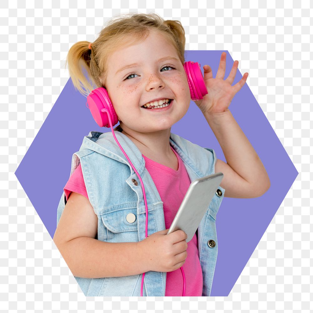 Png little girl enjoying music badge sticker, hobby photo in hexagon badge, transparent background