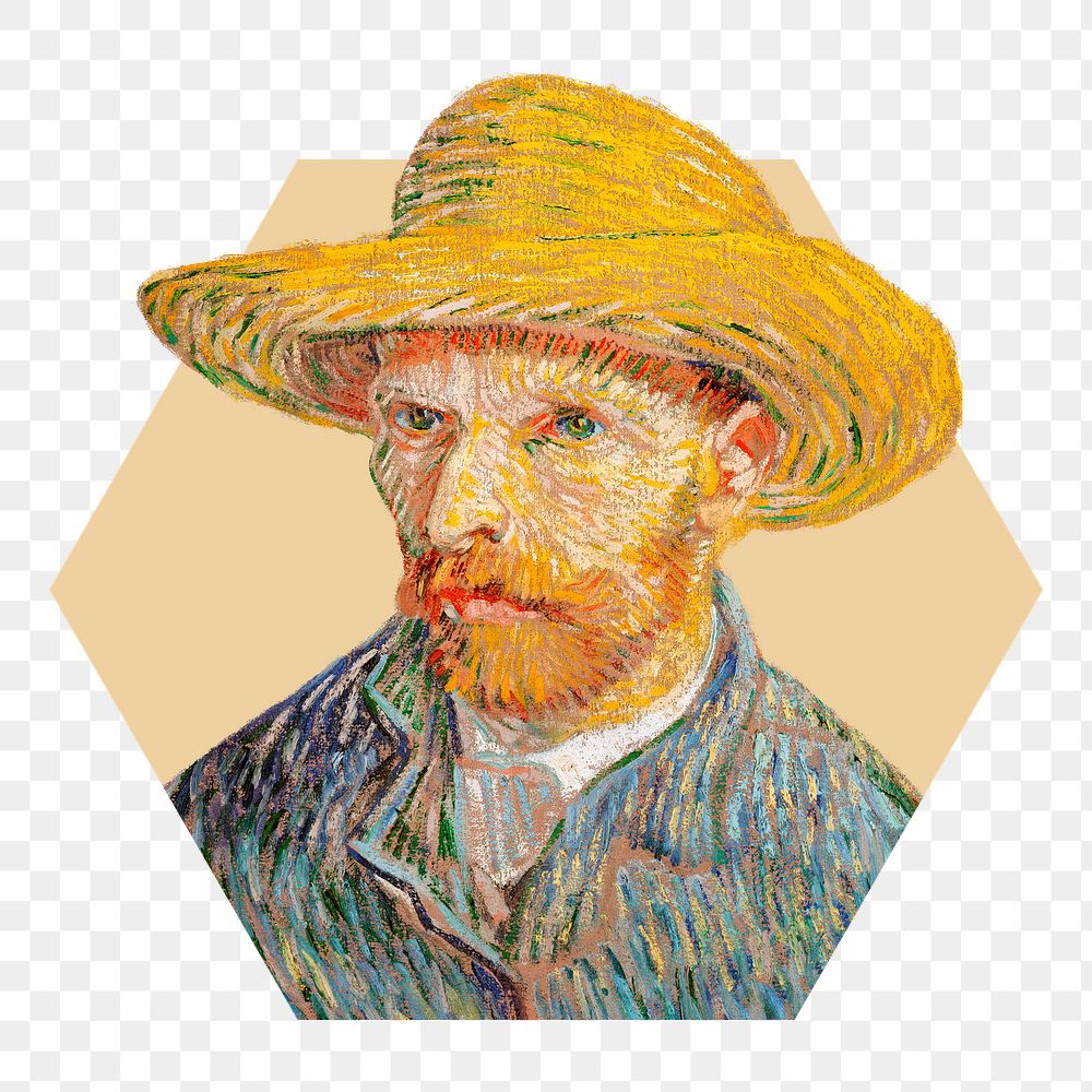 Png Van Gogh's Self-Portrait with a Straw Hat badge sticker, famous vintage illustration in hexagon badge, transparent…