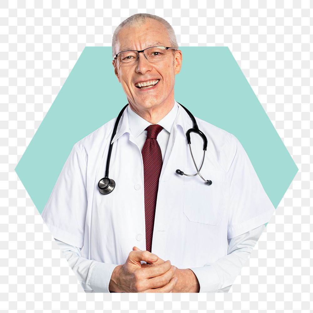 Senior doctor png badge sticker, medical job in hexagon badge, transparent background