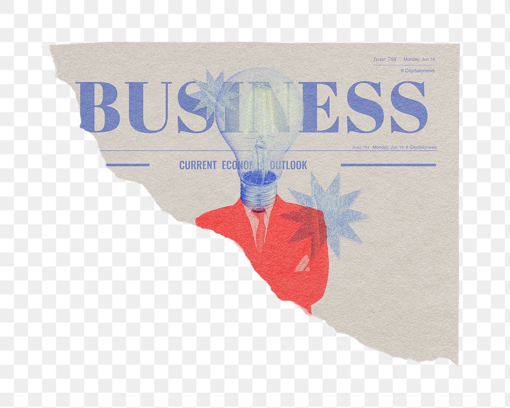 Png light bulb head businessman sticker, ripped newspaper, business headline, transparent background