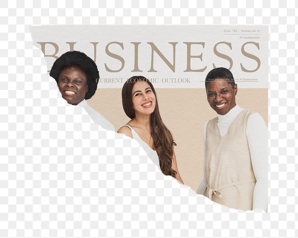 Png women in business sticker, ripped newspaper, transparent background