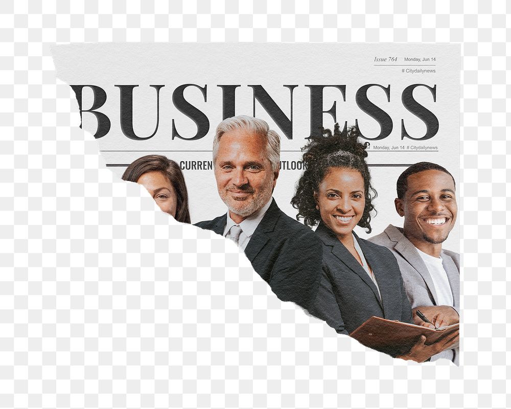 Successful entrepreneurs png sticker, ripped newspaper, business article headline, transparent background