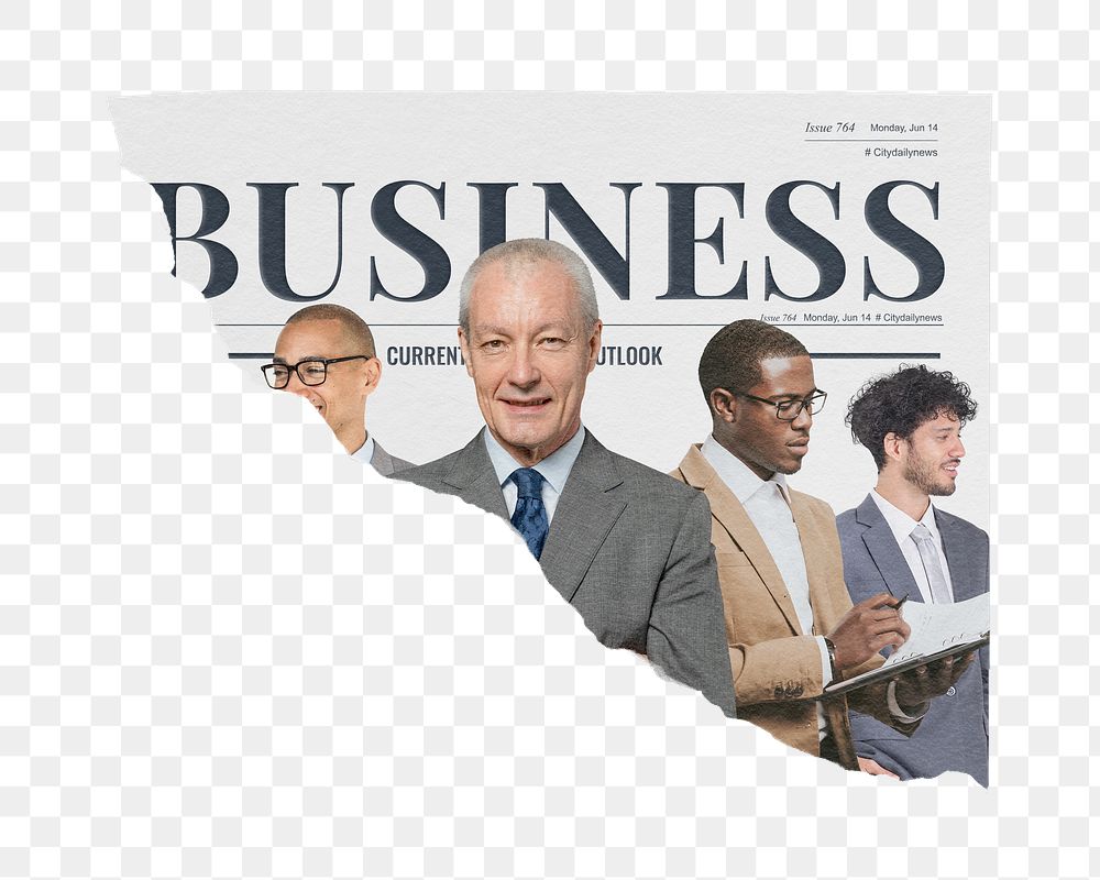 Successful CEOs png sticker, ripped newspaper, business article headline, transparent background