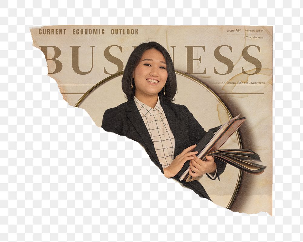 Female economist png sticker, ripped vintage newspaper, financial business headline, transparent background