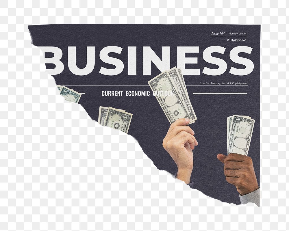 Hands png holding money sticker, business investment photo on ripped newspaper, transparent background