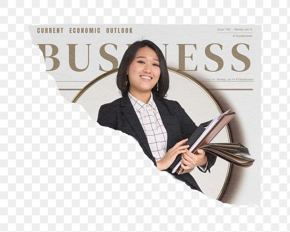Female economist png sticker, ripped newspaper, financial business headline, transparent background