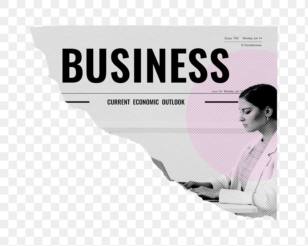 Businesswoman png typing on laptop sticker, ripped newspaper, business headline, transparent background