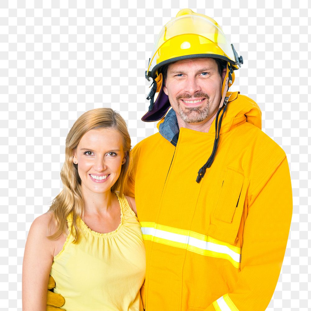 Fireman with wife png sticker, transparent background