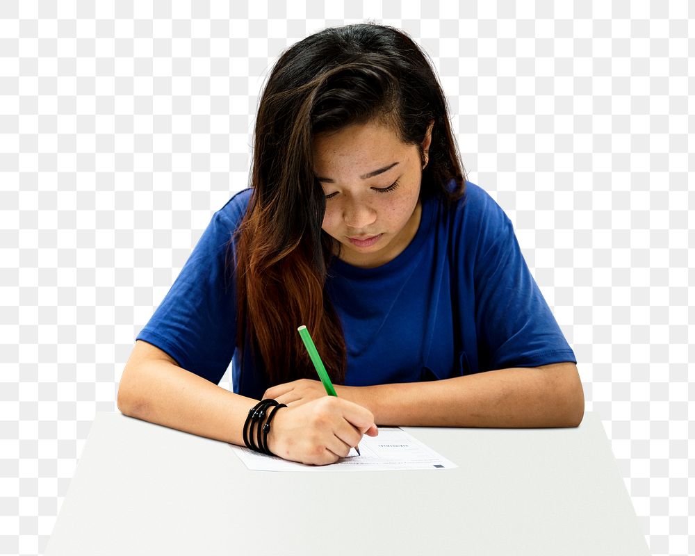 Png Asian girl writing sticker, education transparent background