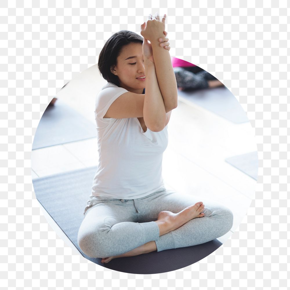 Woman png doing yoga pose badge sticker, wellness photo, transparent background