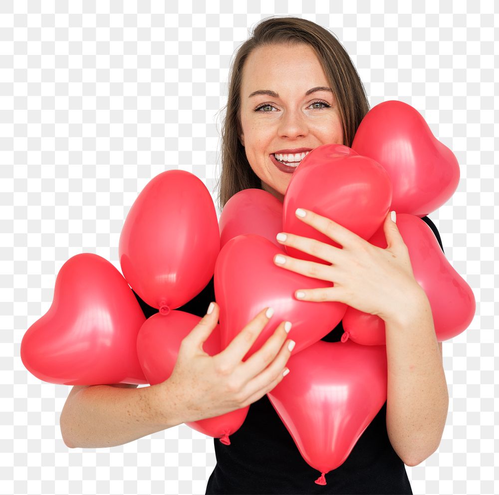 Png girl holding heart balloons sticker, transparent background