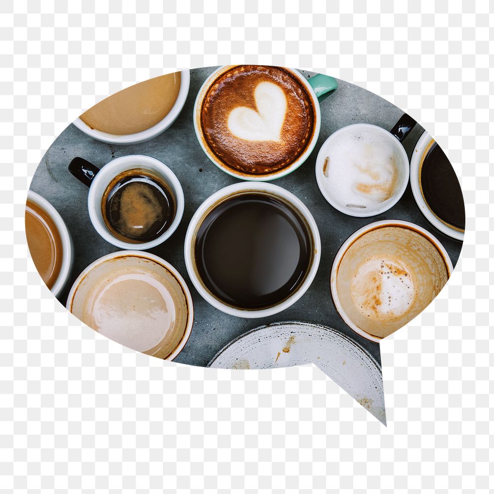 Coffee cups png badge sticker, drinks photo in speech bubble, transparent background