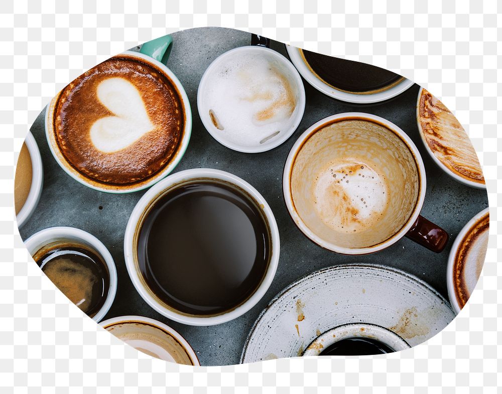 Coffee cups png badge sticker, drinks photo in blob shape, transparent background