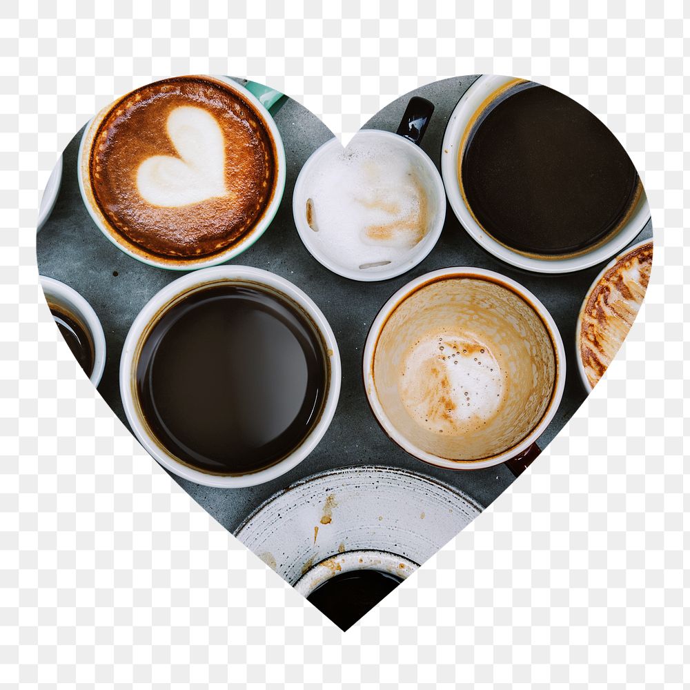 Coffee cups png badge sticker, drinks photo in heart shape, transparent background