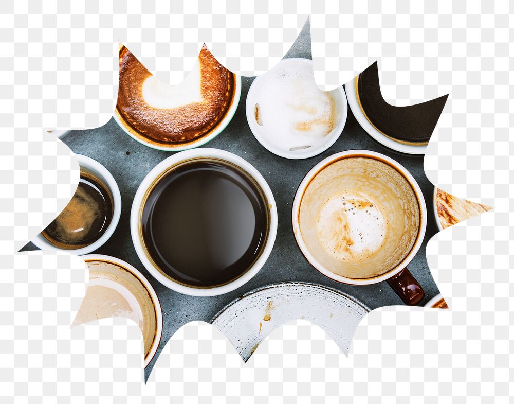 Coffee cups png badge sticker, drinks photo in bang  shape, transparent background