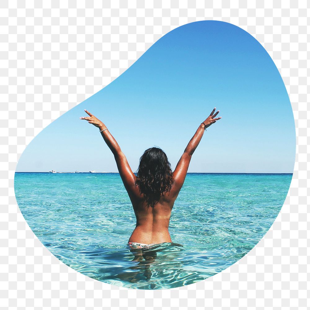 Png carefree woman at the beach badge sticker, Summer photo in blob shape, transparent background