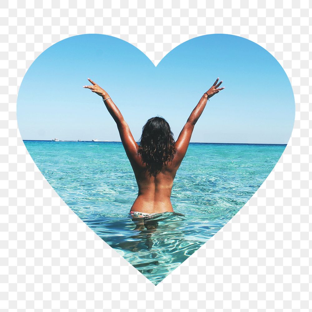 Png woman at the beach badge sticker, Summer photo in heart shape, transparent background