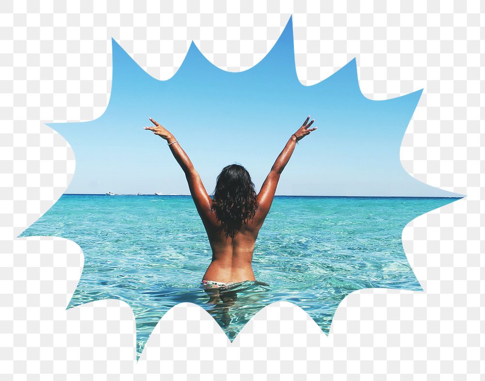 Png carefree woman at the beach badge sticker, Summer photo in bang  shape, transparent background