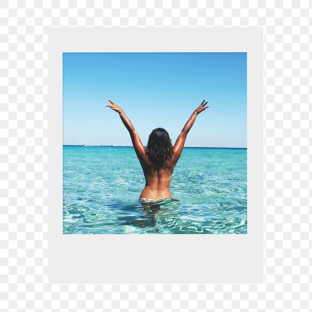 Png carefree woman at the beach  sticker, Summer  instant photo, transparent background 
