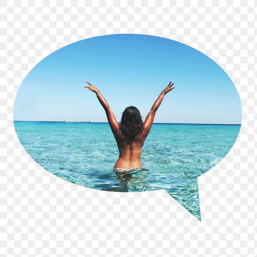 Png carefree woman at the beach badge sticker, Summer photo in speech bubble, transparent background