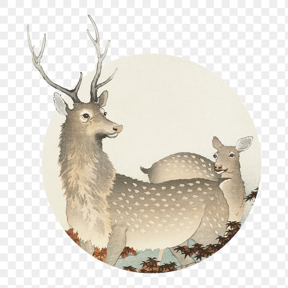 Png Ohara Koson's deers badge sticker, famous painting, transparent background remixed by rawpixel