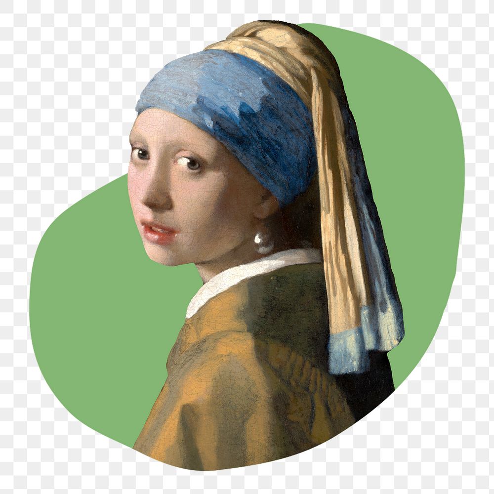 Png Girl with A Pearl Earring badge sticker, Johannes Vermeer's famous artwork in blob shape, transparent background…
