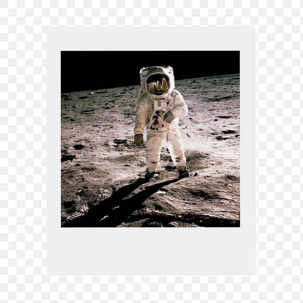 Astronaut png on the moon sticker, galaxy  instant photo, transparent background