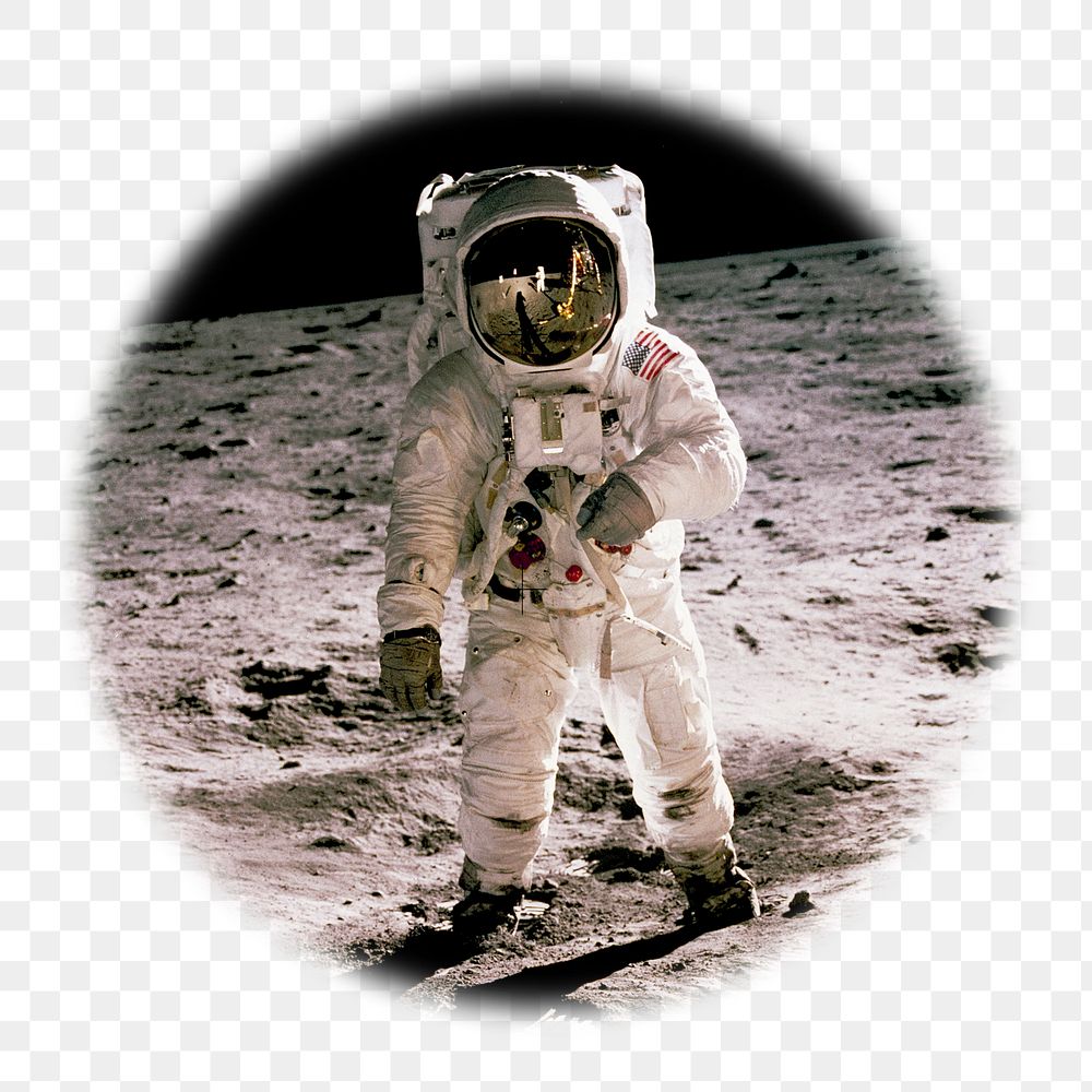 Astronaut png on the moon badge sticker, galaxy photo in blur edge circle, transparent background