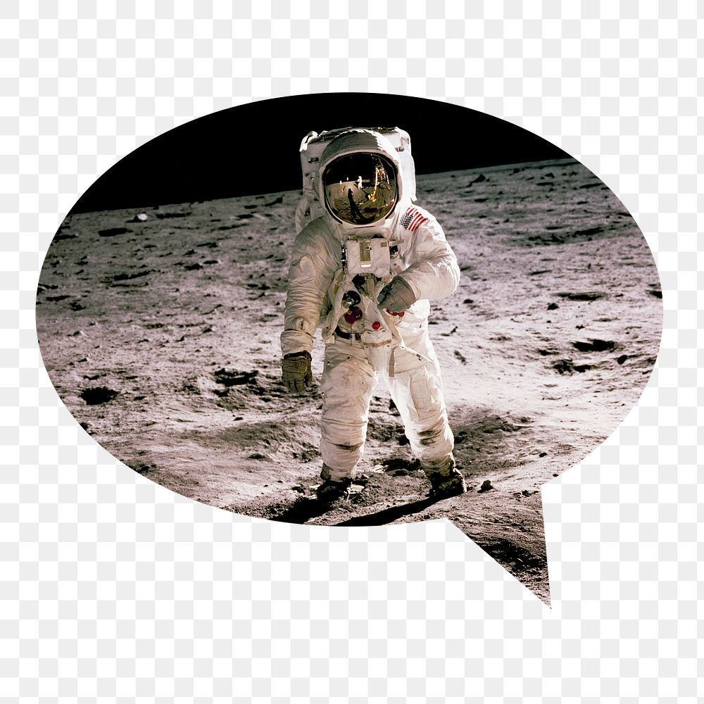 Astronaut png on the moon badge sticker, galaxy photo in speech bubble, transparent background