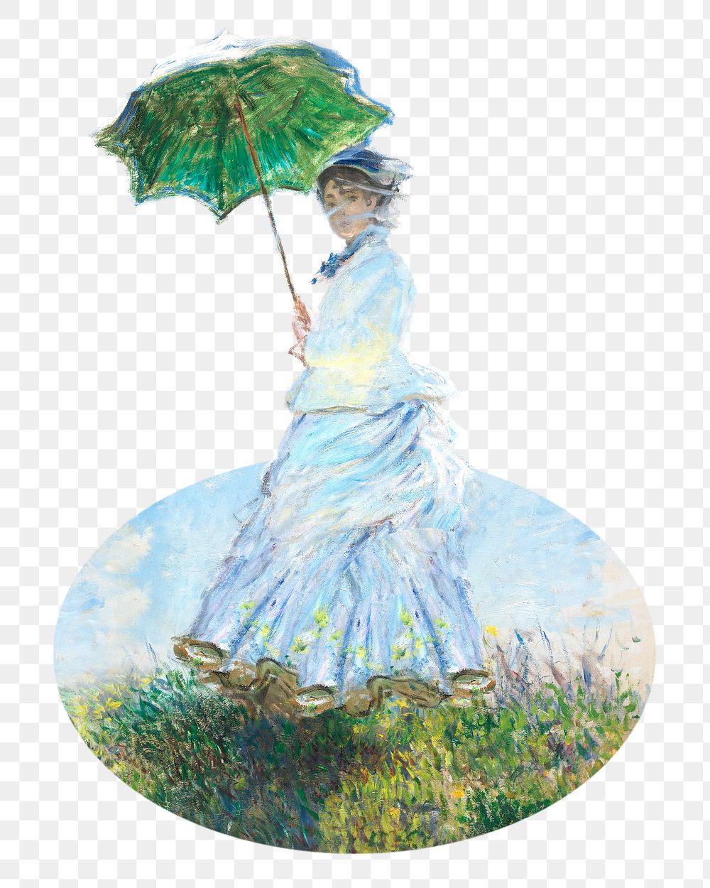 Png Woman with a Parasol badge sticker, Claude Monet painting in oval  shape, transparent background