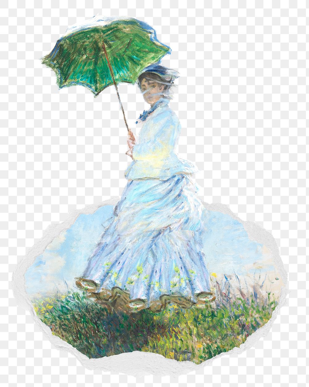 Png Woman with a Parasol sticker, Claude Monet painting in torn paper badge, transparent background, remixed by rawpixel 