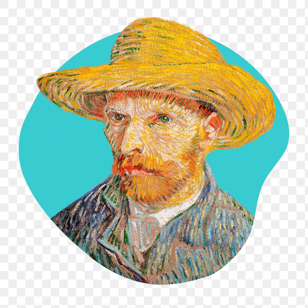 Png Van Gogh's Self-Portrait with a Straw Hat badge sticker, vintage illustration in blob shape, transparent background…
