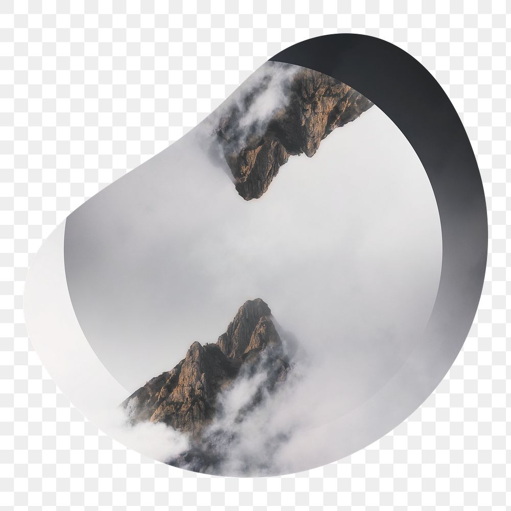 Png foggy mountain peaks badge sticker, nature photo in blob shape, transparent background