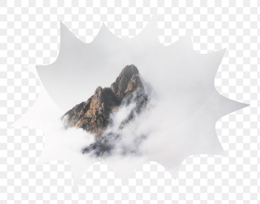Png foggy mountain peaks badge sticker, nature photo in bang  shape, transparent background