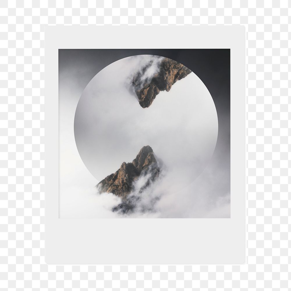 Png foggy mountain peaks sticker, nature  instant photo, transparent background