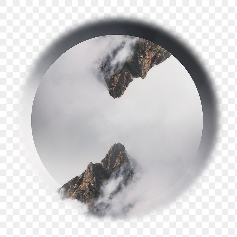 Png foggy mountain peaks badge sticker, nature photo in blur edge circle, transparent background